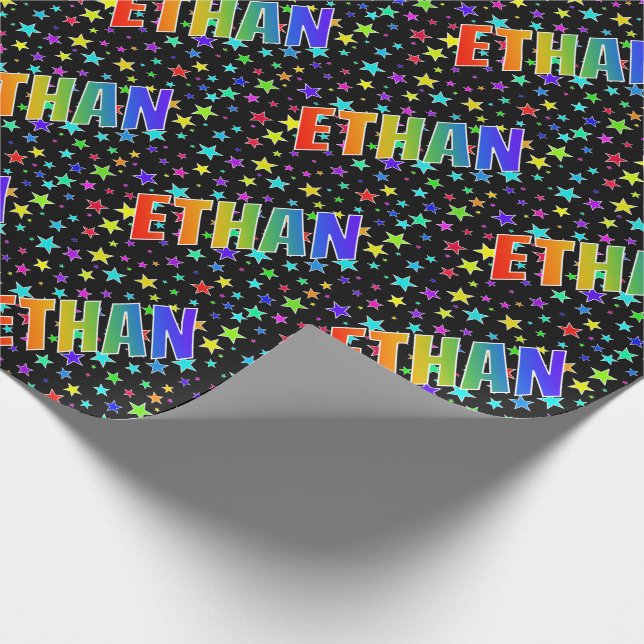 Papier Cadeau Prénom arc-en-ciel "ETHAN" + Étoiles (Coin)