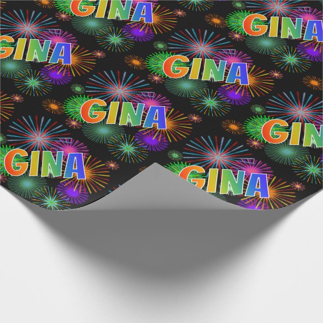 Papier Cadeau Prénom Arc-en-ciel "GINA" + Feu d'artifice (Coin)
