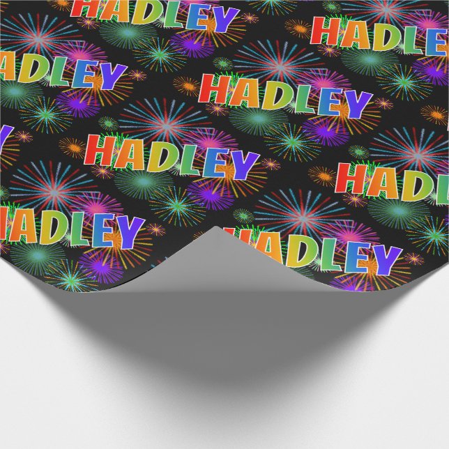 Papier Cadeau Prénom arc-en-ciel "HADLEY" + Feu d'artifice (Coin)