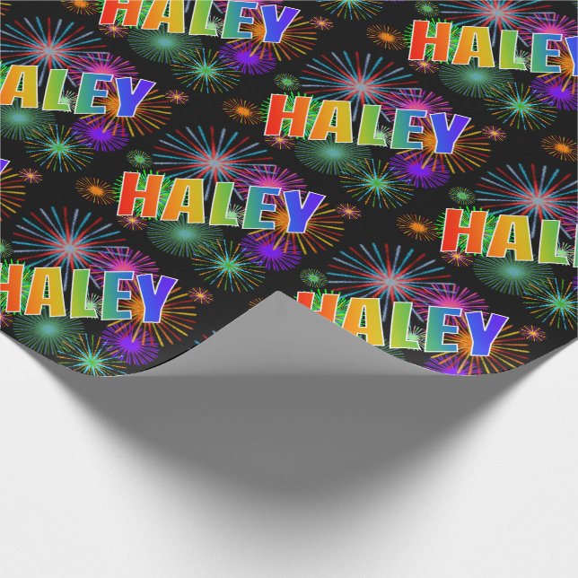 Papier Cadeau Prénom arc-en-ciel "HALEY" + Feu d'artifice (Coin)