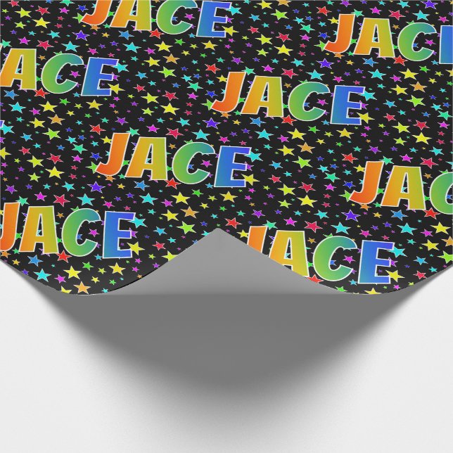 Papier Cadeau Prénom arc-en-ciel "JACE" + Stars (Coin)