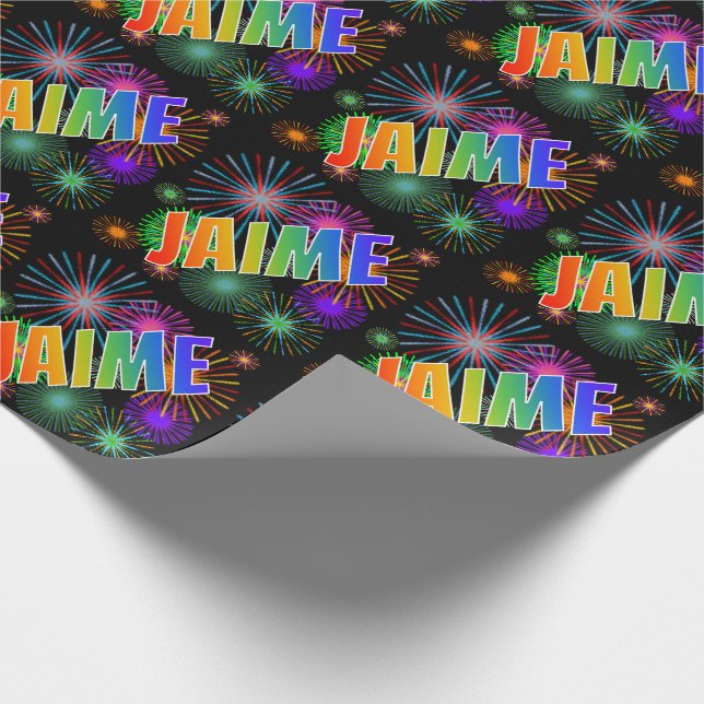 Papier Cadeau Prénom arc-en-ciel "JAIME" + Feu d'artifice (Coin)