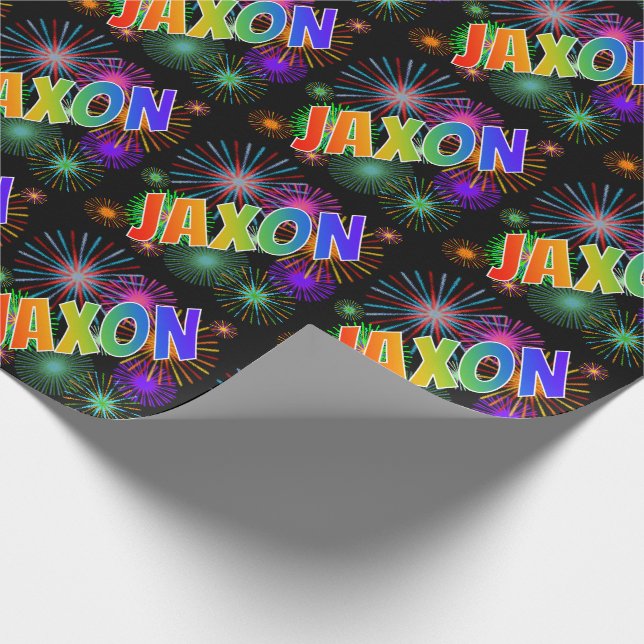 Papier Cadeau Prénom Arc-en-ciel "JAXON" + Feu d'artifice (Coin)