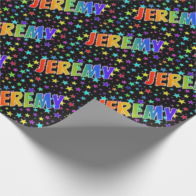 Papier Cadeau Prénom arc-en-ciel "JEREMY" + Étoiles (Coin)
