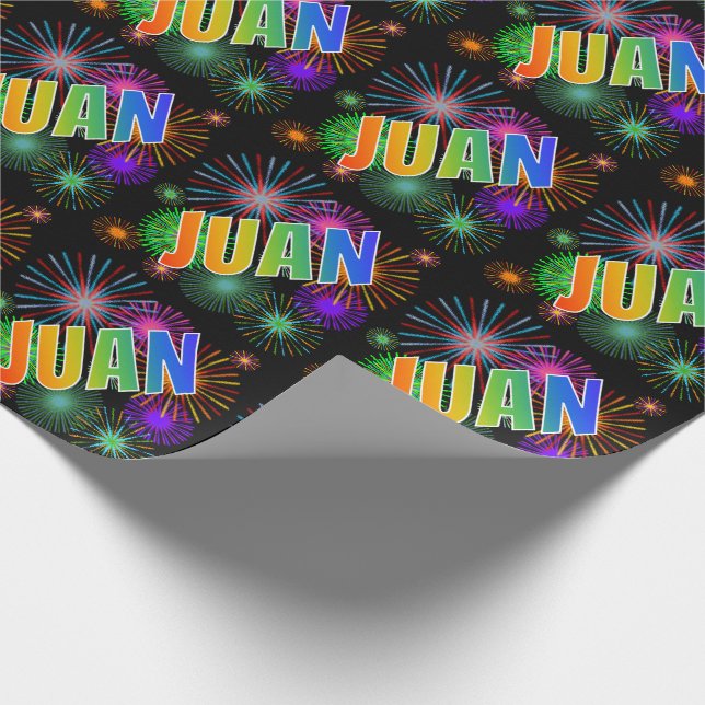 Papier Cadeau Prénom arc-en-ciel "JUAN" + feux d'artifice (Coin)