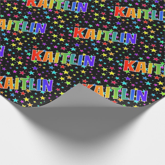 Papier Cadeau Prénom arc-en-ciel "KAITLIN" + Étoiles (Coin)