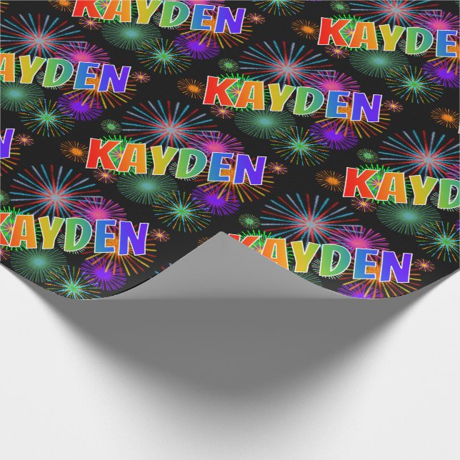Papier Cadeau Prénom arc-en-ciel "KAYDEN" + Feu d'artifice (Coin)