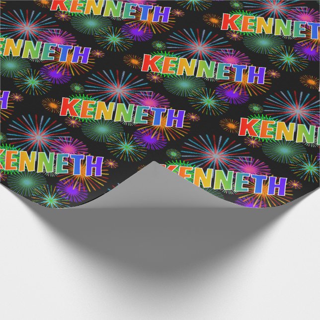 Papier Cadeau Prénom arc-en-ciel "KENNETH" + feux d'artifice (Coin)
