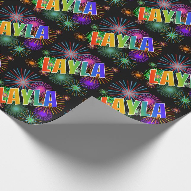 Papier Cadeau Prénom arc-en-ciel "LAYLA" + feux d'artifice (Coin)