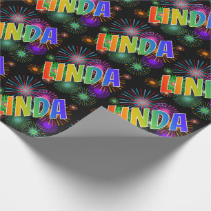 Papier Cadeau Prénom arc-en-ciel "LINDA" + feux d'artifice