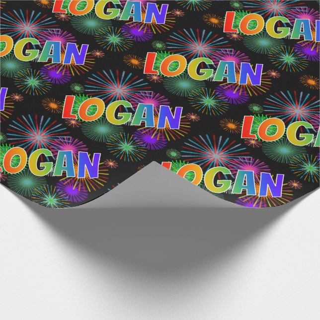 Papier Cadeau Prénom arc-en-ciel "LOGAN" + Fireworks (Coin)