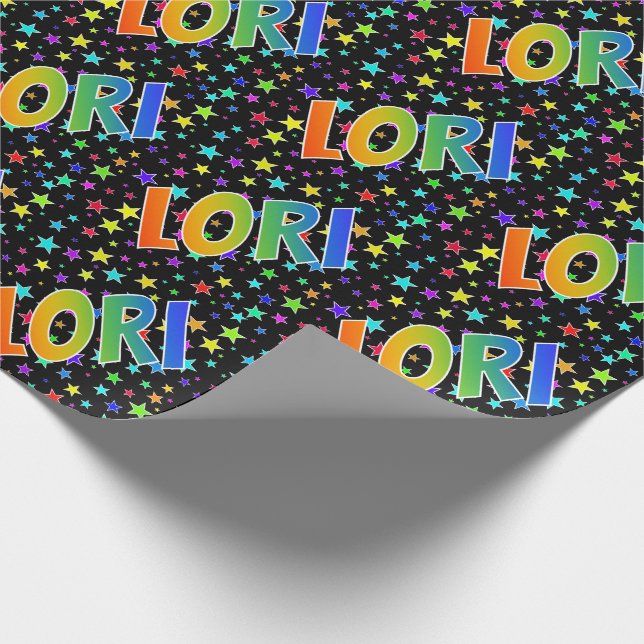 Papier Cadeau Prénom arc-en-ciel "LORI" + Étoiles (Coin)