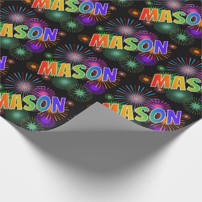 Papier Cadeau Prénom arc-en-ciel "MASON" + feux d'artifice (Coin)