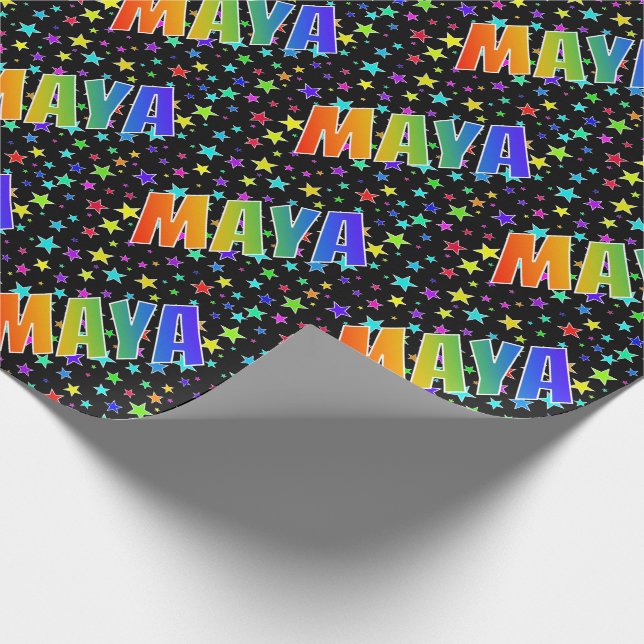 Papier Cadeau Prénom arc-en-ciel "MAYA" + Étoiles (Coin)