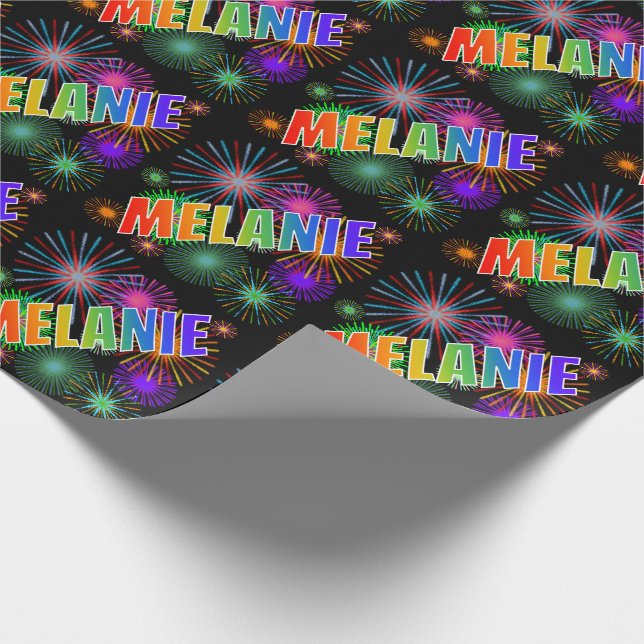 Papier Cadeau Prénom arc-en-ciel "MELANIE" + feux d'artifice (Coin)