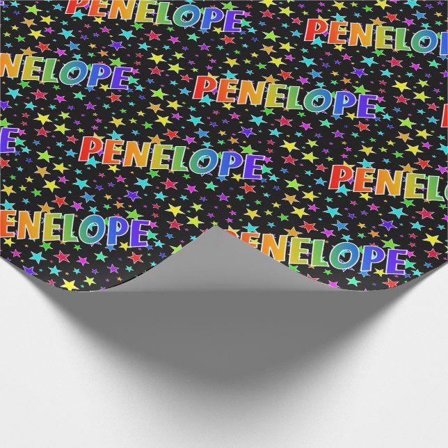 Papier Cadeau Prénom arc-en-ciel "PENELOPE" + Étoiles (Coin)