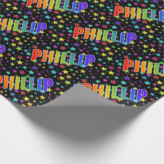 Papier Cadeau Prénom arc-en-ciel "PHILLIP" + Étoiles (Coin)