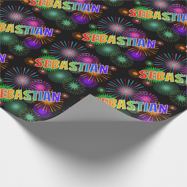Papier Cadeau Prénom arc-en-ciel "SEBASTIAN" + Feu d'artifice (Coin)
