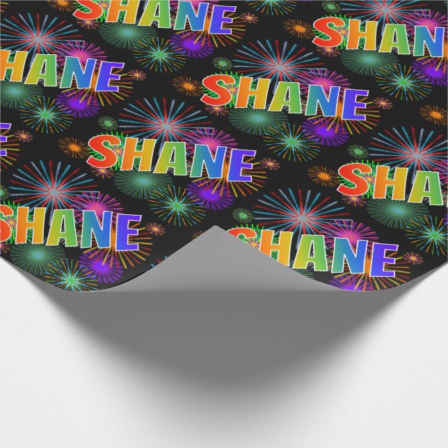 Papier Cadeau Prénom arc-en-ciel "SHANE" + feux d'artifice (Coin)