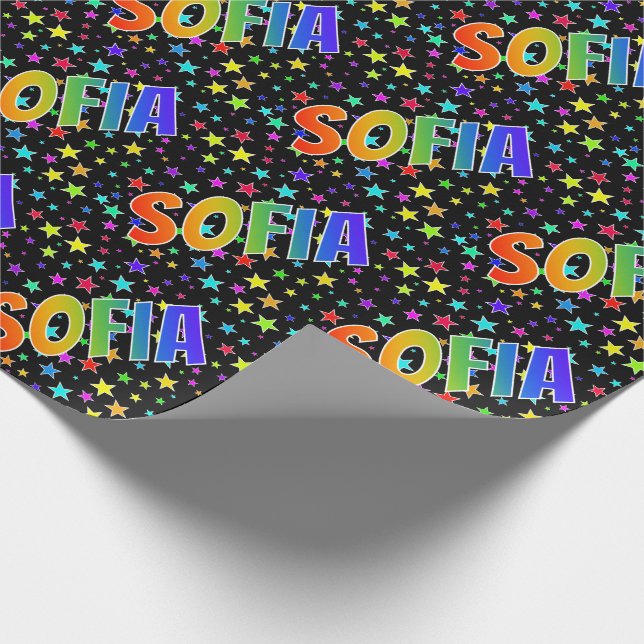 Papier Cadeau Prénom arc-en-ciel "SOFIA" + Stars (Coin)