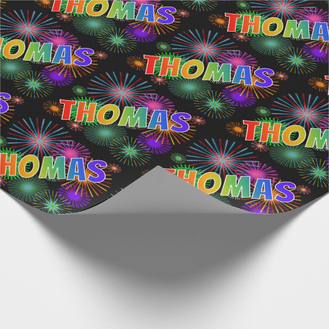 Papier Cadeau Prénom arc-en-ciel "THOMAS" + Feu d'artifice (Coin)