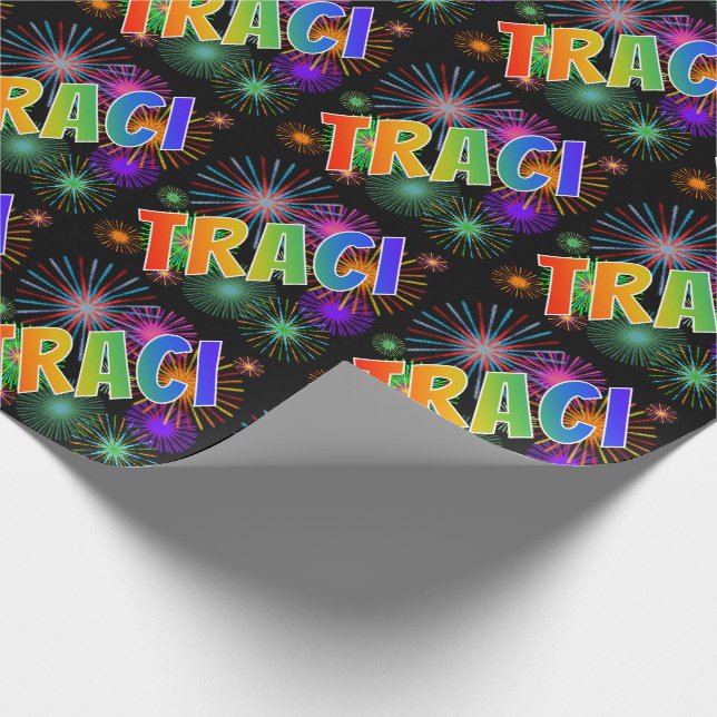 Papier Cadeau Prénom arc-en-ciel "TRACI" + feux d'artifice (Coin)