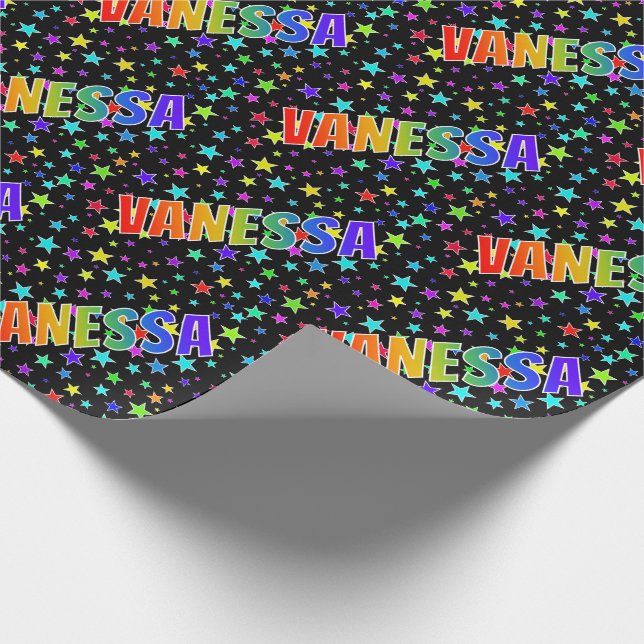 Papier Cadeau Prénom arc-en-ciel "VANESSA" + Étoiles (Coin)