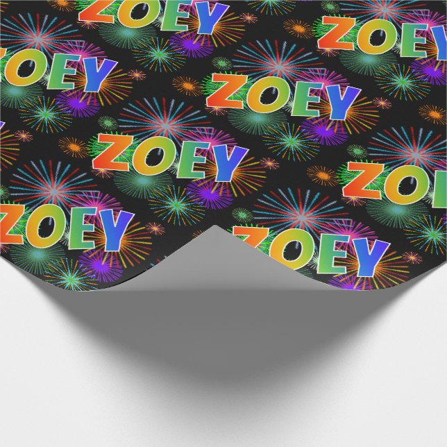 Papier Cadeau Prénom arc-en-ciel "ZOEY" + Feu d'artifice (Coin)