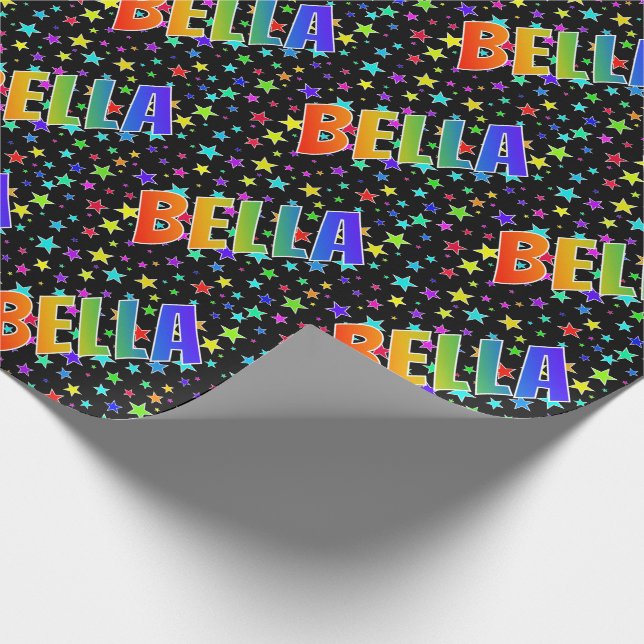 Papier Cadeau Prénom "BELLA" d'arc-en-ciel + Étoiles (Coin)