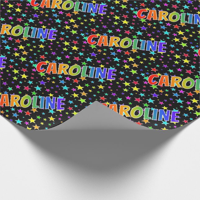 Papier Cadeau Prénom "CAROLINE" d'arc-en-ciel + Étoiles (Coin)