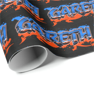 Papier Cadeau Prénom de Gareth Graffiti blue orange