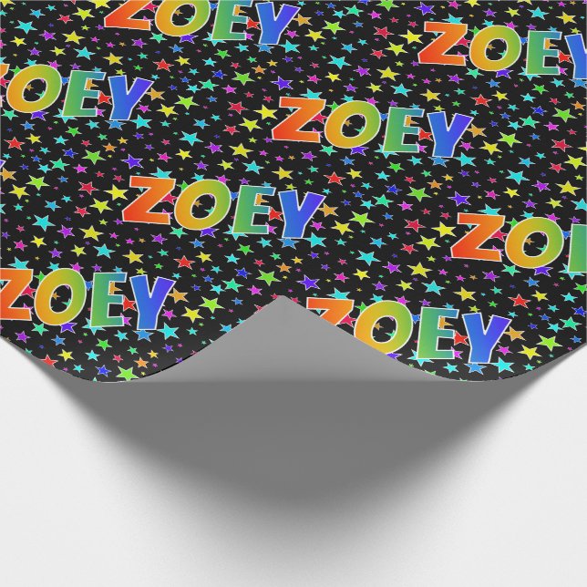 Papier Cadeau Prénom "ZOEY" d'arc-en-ciel + Étoiles (Coin)