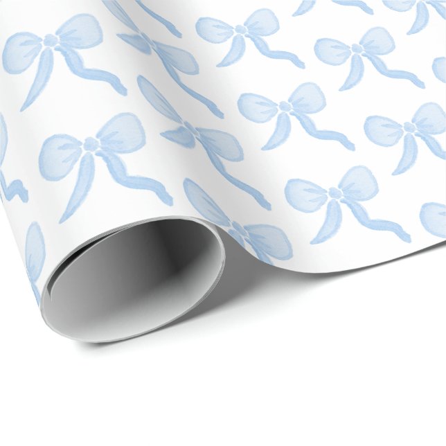 Papier Cadeau Préppy Grandmillennial Watercolor Blue Bows (Coin rond)