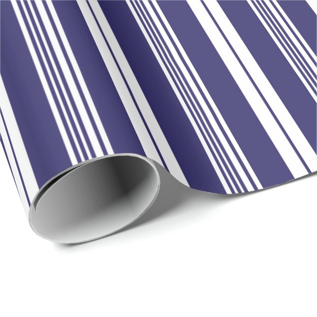 Papier Cadeau Preppy Navy Bleu Blanc Transat Motif de bande (Coin rond)