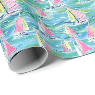 Papier Cadeau Preppy Palm Beach Imprimer Bateaux à voile rose