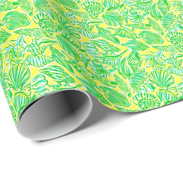 Papier Cadeau Preppy Palm Beach Imprimer Coquillages jaunes et v (Coin rond)
