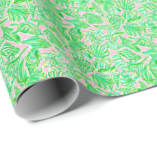 Papier Cadeau Preppy Palm Beach Imprimer Coquillages rose et ver