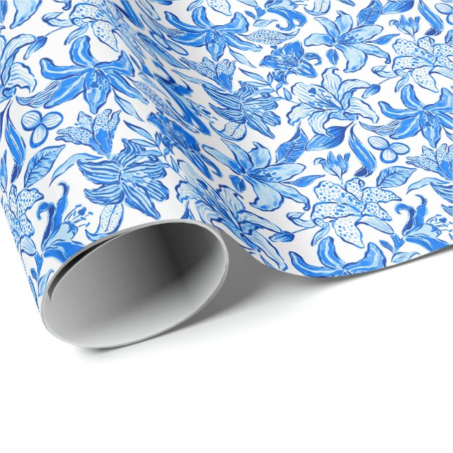 Papier Cadeau Preppy Palm Beach Imprimer Fleurs bleues et blanch (Coin rond)
