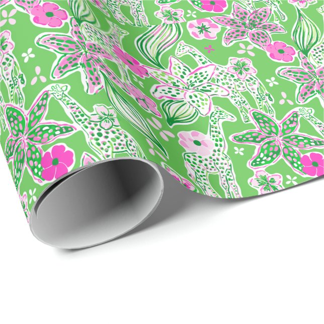 Papier Cadeau Preppy Palm Beach Imprimer Giraffes rose et verte (Coin rond)