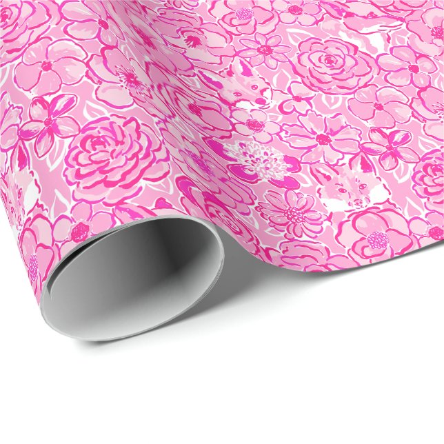 Papier Cadeau Preppy Palm Beach Imprimer Renards et fleurs roses (Coin rond)