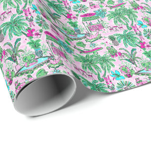 Papier Cadeau Preppy Palm Beach Imprimer rose et vert animal Vac