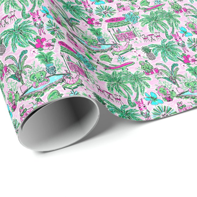 Papier Cadeau Preppy Palm Beach Imprimer rose et vert animal Vac (Coin rond)