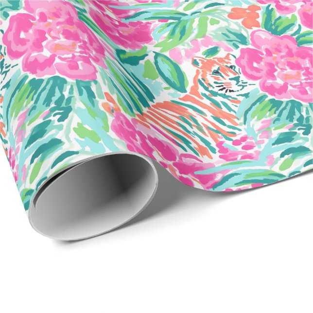 Papier Cadeau Preppy Palm Beach Imprimer Tigres rose et vert (Coin rond)