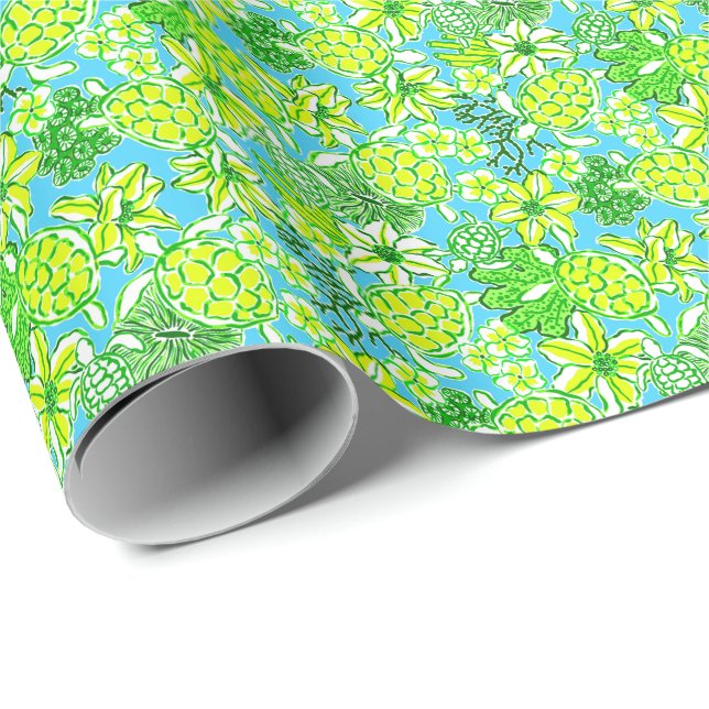 Papier Cadeau Preppy Palm Beach Imprimer Tortues bleues et verte (Coin rond)