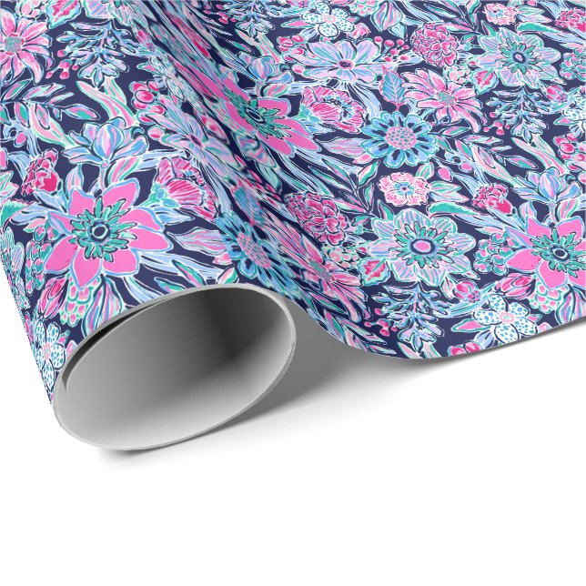 Papier Cadeau Preppy Palm Beach Print Blue and rose Flowers (Coin rond)