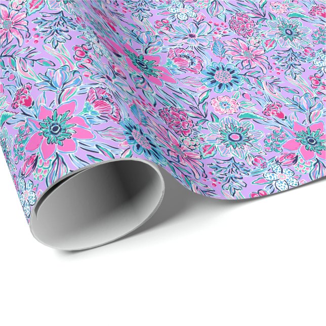 Papier Cadeau Preppy Palm Beach Print Lavender et Fleurs roses (Coin rond)