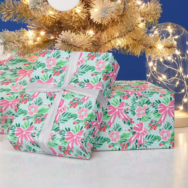 Papier Cadeau Preppy Rose & Green Christmas Bows & Garland (Vacances)