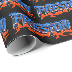 Papier Cadeau Preston Prénom Graffiti blue orange