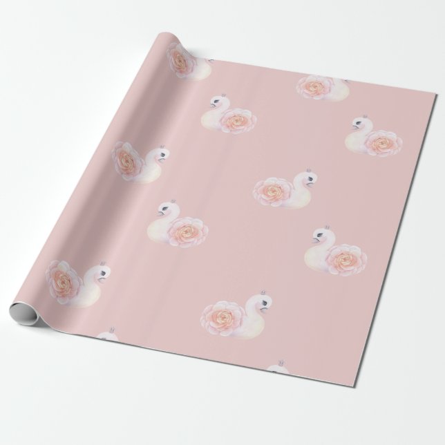 Papier Cadeau Princesse de cygne avec tiare et pivoine (Déroulé)