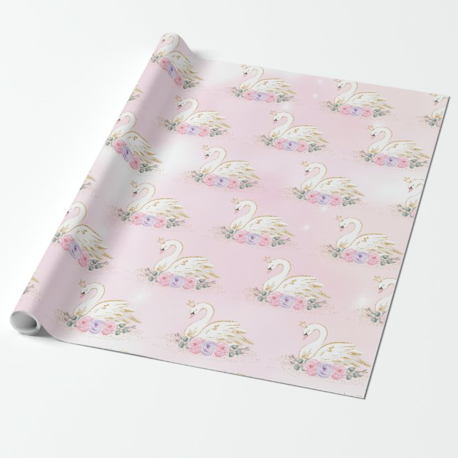 Papier Cadeau Princesse magique du cygne| Fleurs roses et violet (Déroulé)